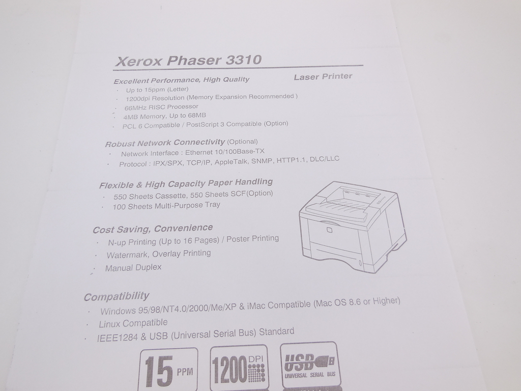 Принтер Xerox Phaser 3310, A4, 15стр/мин, USB, LPT - Pic n 297717