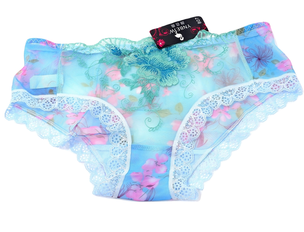 Женские прозрачные сексуальные кружевные бесшовные трусики, с цветочной вышивкой, бирюзовые размер XXL  - Pic n 307456