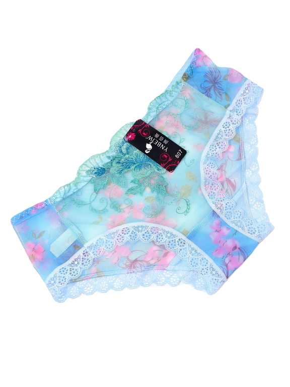 Женские прозрачные сексуальные кружевные бесшовные трусики, с цветочной вышивкой, бирюзовые размер XXL  - Pic n 307456
