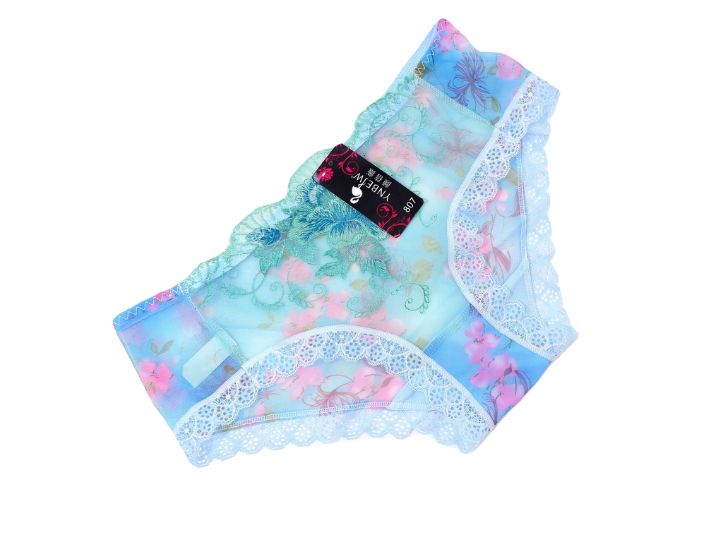 Женские прозрачные сексуальные кружевные бесшовные трусики, с цветочной вышивкой, бирюзовые размер XXL  - Pic n 307456