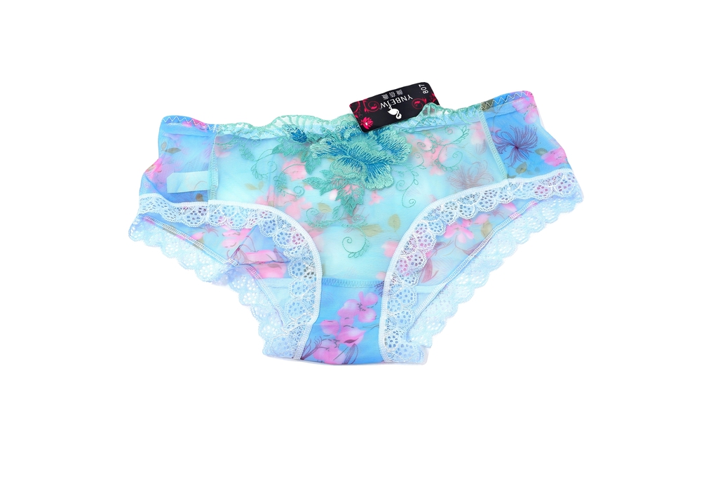 Женские прозрачные сексуальные кружевные бесшовные трусики, с цветочной вышивкой, бирюзовые размер XXL  - Pic n 307456