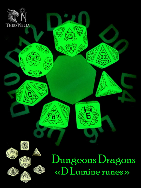 7шт. DnD Дайсы светящиеся в темноте «D Lumine runes»! Подземелья и драконы игральные кости. Кубики для ДнД, атрибуты мастера Theo Nelia.  - Pic n 311047