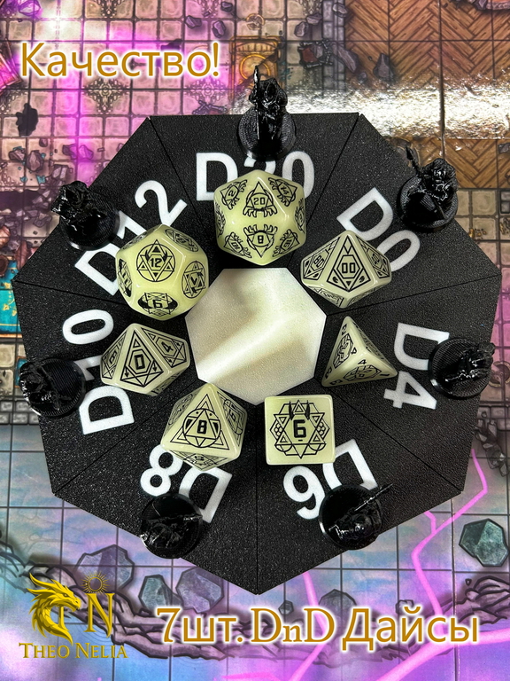 7шт. DnD Дайсы светящиеся в темноте «D Lumine runes»! Подземелья и драконы игральные кости. Кубики для ДнД, атрибуты мастера Theo Nelia.  - Pic n 311047