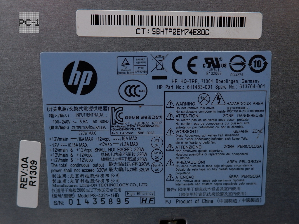 Блок питания для Сервера ПК 320W HP 611483-001 (613764-001) rev:0A R1309 6PIN P2 для Pro 4000 6000 6005 6200 6300 6305 Elite 8000 8100 8200 8300 HP De - Pic n 253898