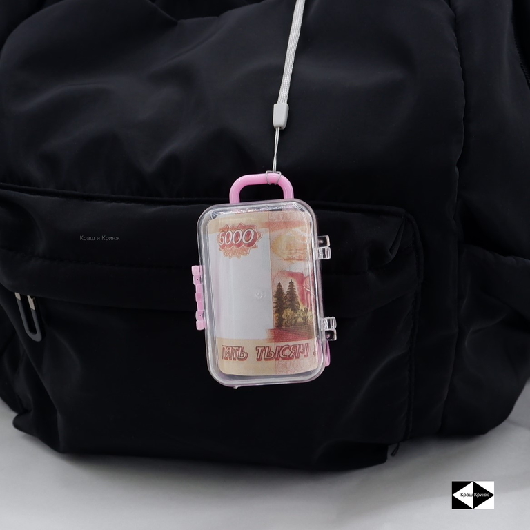 Пранк Прикол — Укради мои деньги! 7.5см Чемодан брелок с деньгами, прозрачный розовый. Украшение ретрактор для сумки.  - Pic n 311076