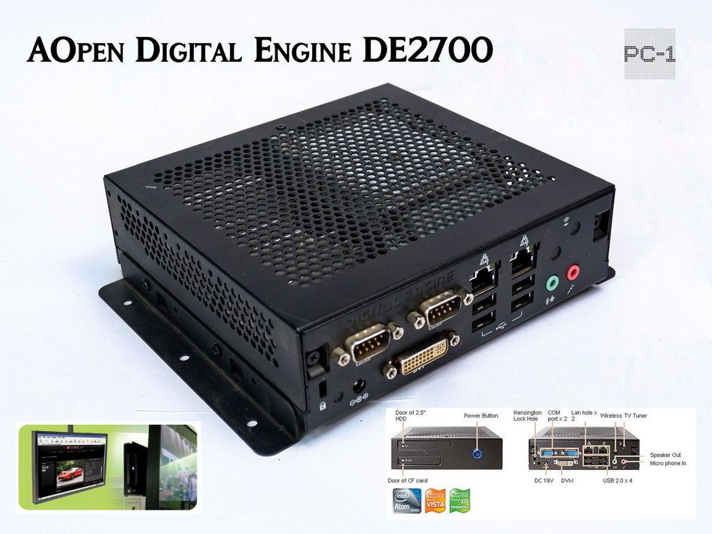 Мини ПК AOpen Digital Engine DE2700, Intel Atom N270 (1.60GHz), DDR2 2Gb, HDD 250Gb, Интерфейсы: 2xCOM, DVI-I, 4xUSB 2.0, 2xLAN, Sound, Mic. Windows 7 - Pic n 306399