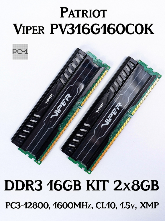 Оперативная память DDR3 16GB 2x8GB Patriot Viper PV316G160C0K, DIMM, PC3-12800, 1600MHz, CL10, 1.5v, XMP, радиатор на чипах - Pic n 297218