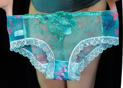 Женские прозрачные сексуальные кружевные бесшовные трусики, с цветочной вышивкой, бирюзовые размер XXL  - Pic n 307456