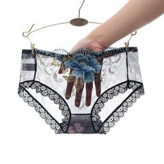 Женские прозрачные, сексуальные кружевные трусики / С цветочной вышивкой / Цвет бирюзовый / Размер XXL - Pic n 307456