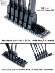 Контроллер M.2 NVMe PCIe 3.0 для подключения 6-ти жестких дисков SATA III SSD/HDD к ПК или Серверу. Адаптер с M.2 на 6SATA драйвера не нужны!  - Pic n 311175